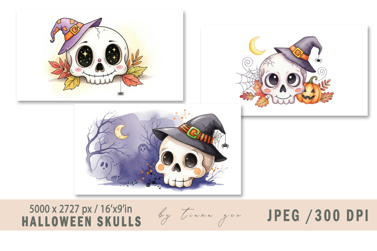 Cute watercolor Halloween skull illustration- 3 jpeg file