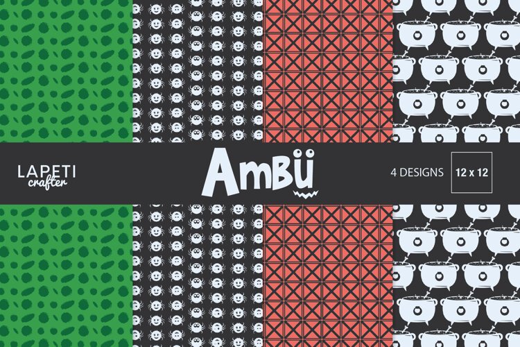 Four Halloween digital papers with spiders cauldrons green spots and coral geometric patterns