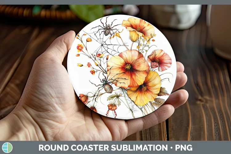 Halloween Spiderweb Flowers Abutilon Round Coaster Sublimati