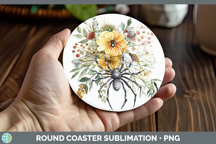 Halloween Spiderweb Flowers Acacia Round Coaster Sublimation