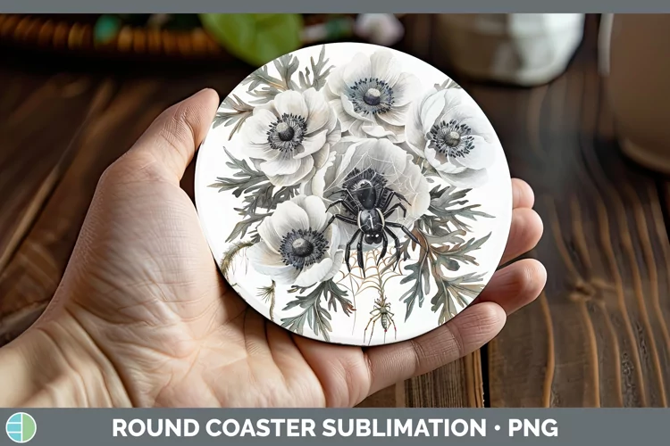 Halloween Spiderweb Flowers Anemone Round Coaster Sublimatio