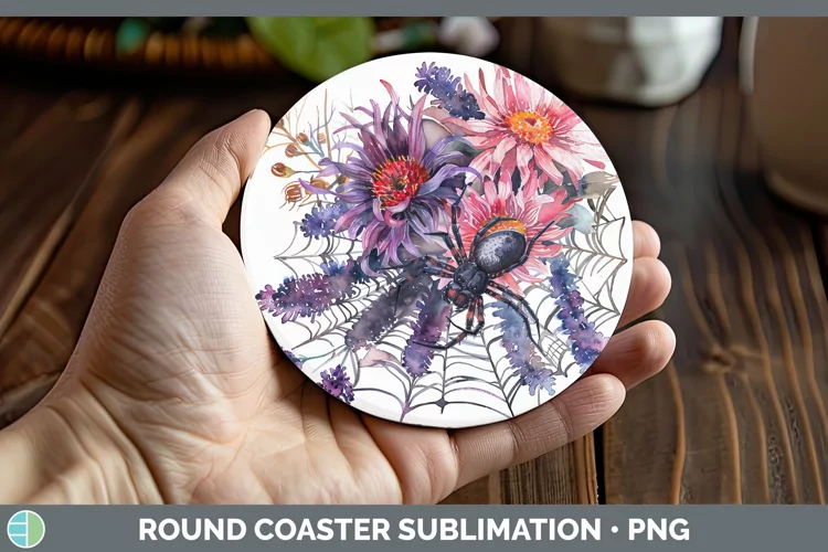 Halloween Spiderweb Flowers Aster Round Coaster Sublimation