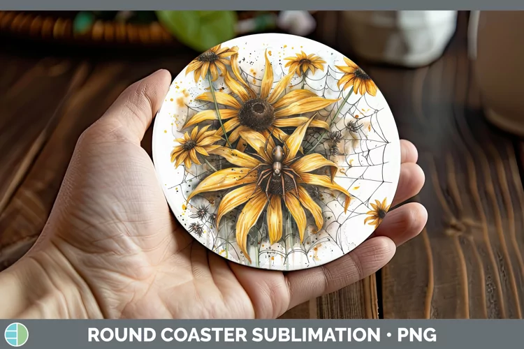 Halloween Spiderweb Flowers Black-eyed Susan Round Coaster S