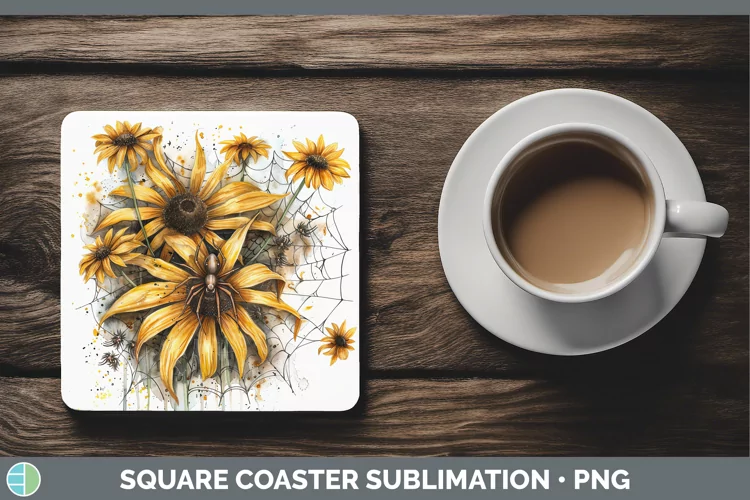 Halloween Spiderweb Flowers Black-eyed Susan Square Coaster