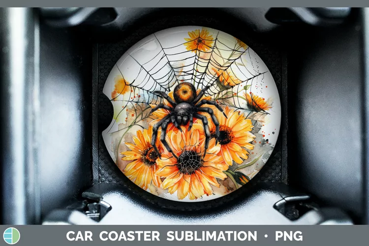 Halloween Spiderweb Flowers Calendula Car Coaster Sublimatio