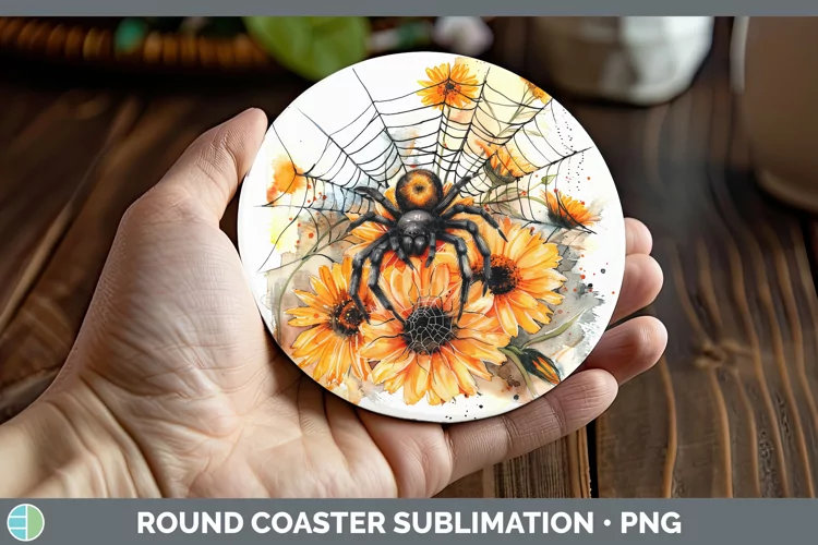 Halloween Spiderweb Flowers Calendula Round Coaster Sublimat
