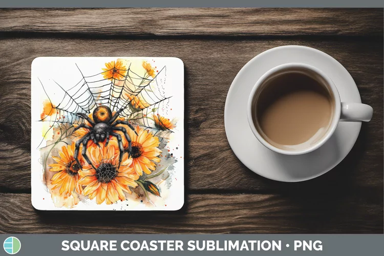 Halloween Spiderweb Flowers Calendula Square Coaster Sublima