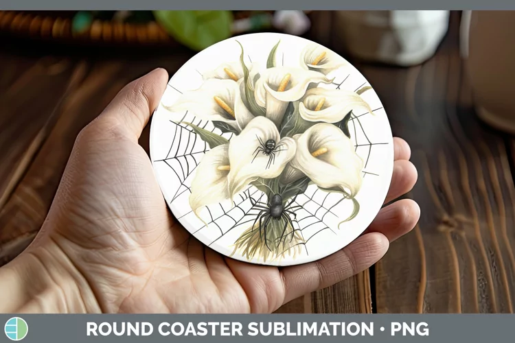 Halloween Spiderweb Flowers Calla Lily Round Coaster Sublima