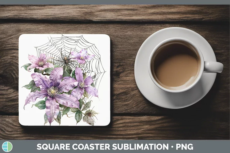 Halloween Spiderweb Flowers Clematis Square Coaster Sublimat