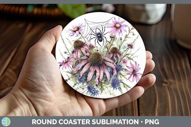 Halloween Spiderweb Flowers Coneflower Round Coaster Sublima