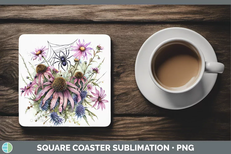 Halloween Spiderweb Flowers Coneflower Square Coaster Sublim
