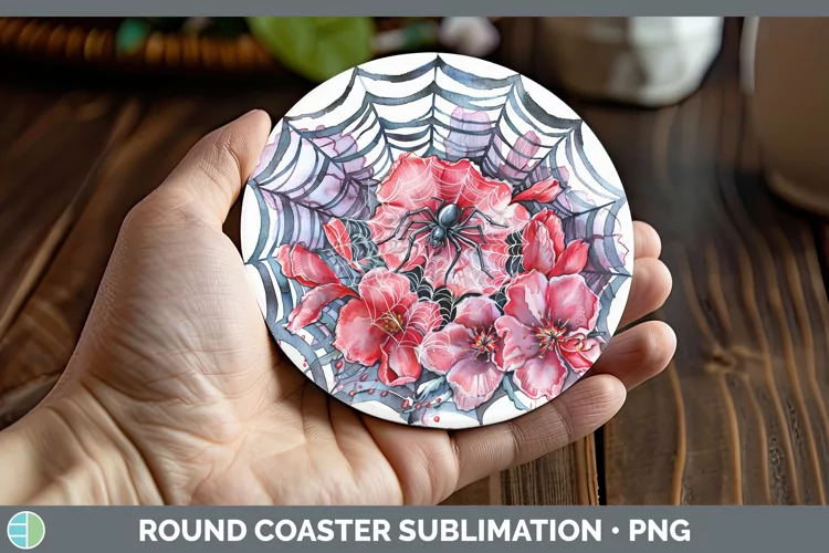 Halloween Spiderweb Flowers Cyclamen Round Coaster Sublimati