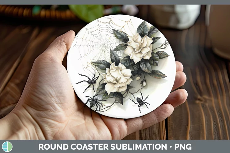 Halloween Spiderweb Flowers Gardenia Round Coaster Sublimati
