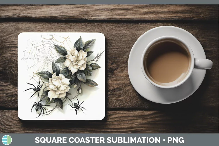 Halloween Spiderweb Flowers Gardenia Square Coaster Sublimat