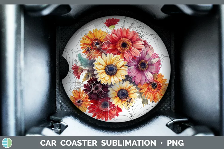 Halloween Spiderweb Flowers Gerbera Daisy Car Coaster Sublim