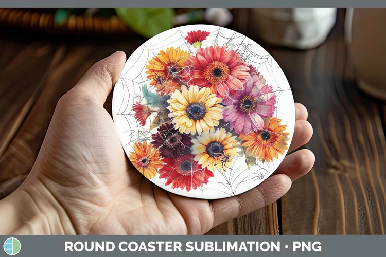 Halloween Spiderweb Flowers Gerbera Daisy Round Coaster Subl