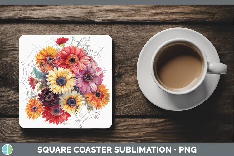 Halloween Spiderweb Flowers Gerbera Daisy Square Coaster Sub