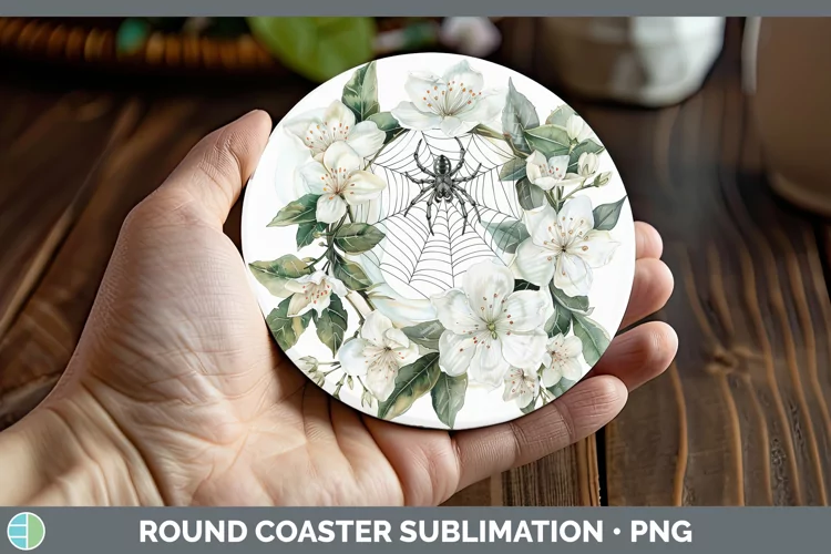 Halloween Spiderweb Flowers Jasmine Round Coaster Sublimatio