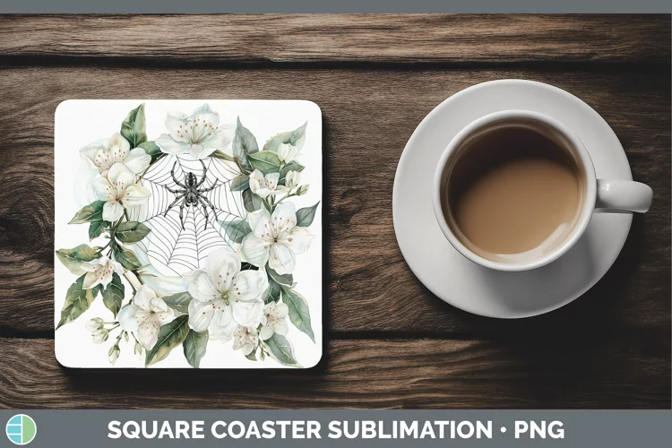 Halloween Spiderweb Flowers Jasmine Square Coaster Sublimati