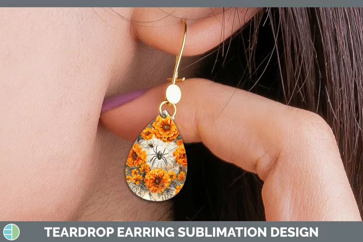 Halloween Spiderweb Flowers Marigold Teardrop Earrings Subli