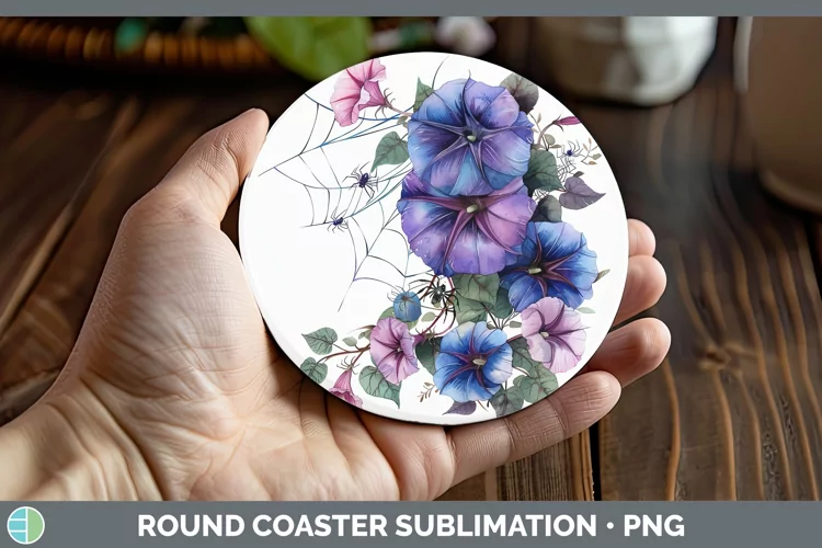 Halloween Spiderweb Flowers Morning Glory Round Coaster Subl
