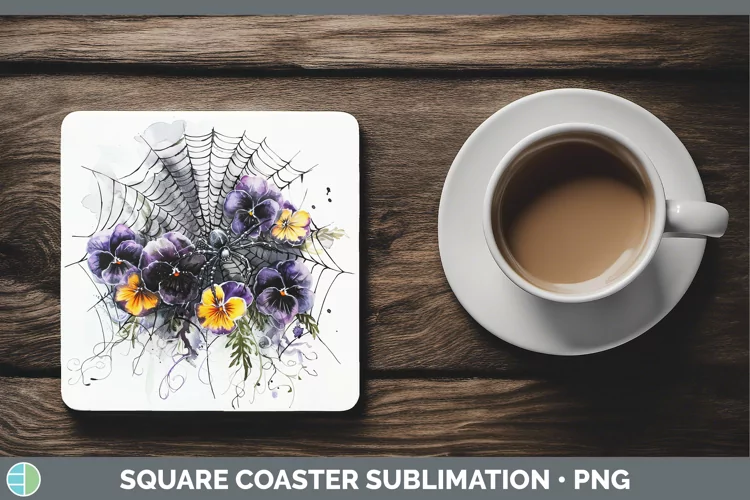 Halloween Spiderweb Flowers Pansy Square Coaster Sublimation