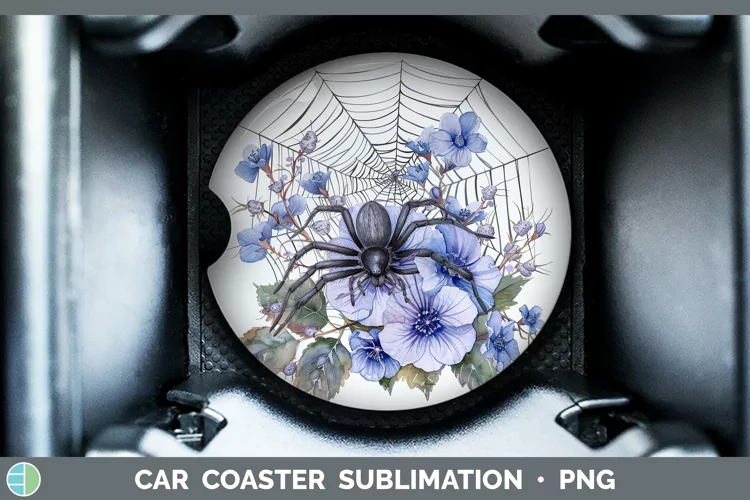 Halloween Spiderweb Flowers Periwinkle Car Coaster Sublimati