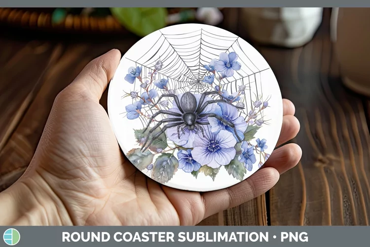 Halloween Spiderweb Flowers Periwinkle Round Coaster Sublima