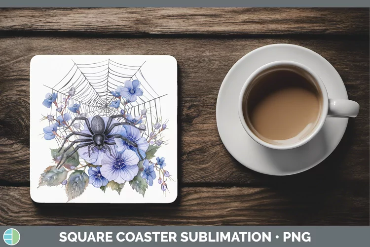 Halloween Spiderweb Flowers Periwinkle Square Coaster Sublim