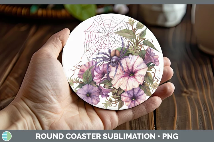 Halloween Spiderweb Flowers Petunia Round Coaster Sublimatio