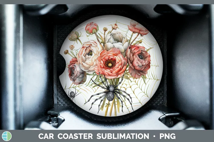 Halloween Spiderweb Flowers Ranunculus Car Coaster Sublimati