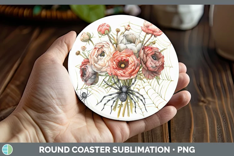 Halloween Spiderweb Flowers Ranunculus Round Coaster Sublima