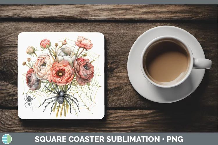 Halloween Spiderweb Flowers Ranunculus Square Coaster Sublim