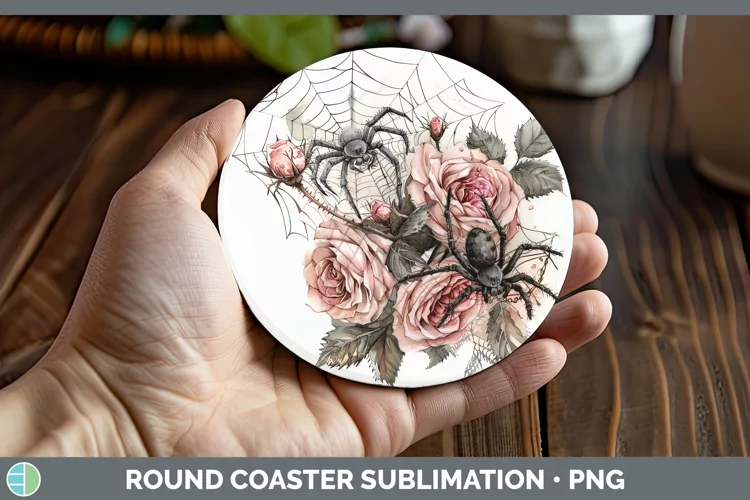 Halloween Spiderweb Flowers Rose Round Coaster Sublimation C