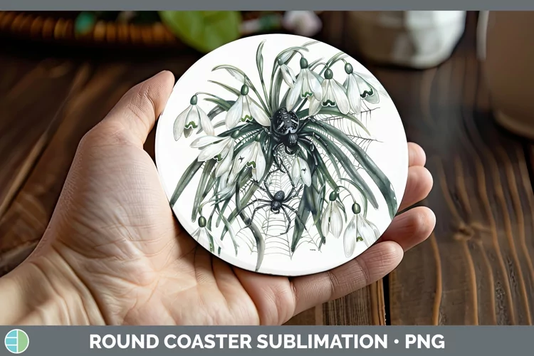 Halloween Spiderweb Flowers Snowdrop Round Coaster Sublimati