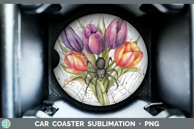Halloween Spiderweb Flowers Tulip Car Coaster Sublimation Co