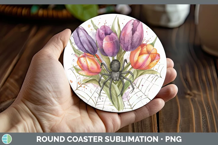 Halloween Spiderweb Flowers Tulip Round Coaster Sublimation