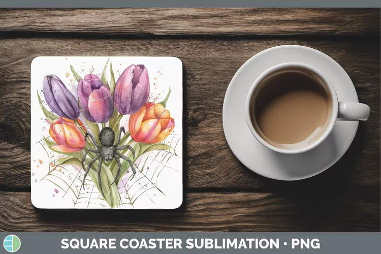 Halloween Spiderweb Flowers Tulip Square Coaster Sublimation