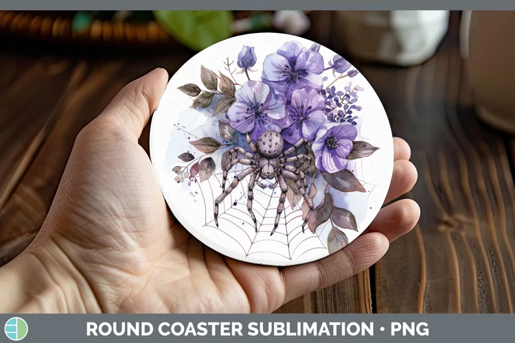 Halloween Spiderweb Flowers Violet Round Coaster Sublimation