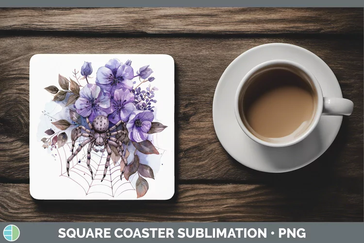 Halloween Spiderweb Flowers Violet Square Coaster Sublimatio
