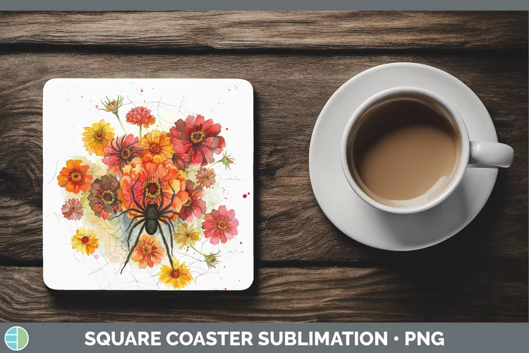 Halloween Spiderweb Flowers Zinnia Square Coaster Sublimatio