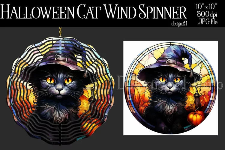 Halloween Wind Spinner, Stained Glass Halloween Black Cat 21