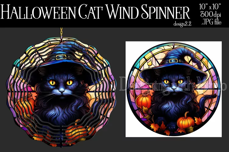Halloween Wind Spinner, Stained Glass Halloween Black Cat 22