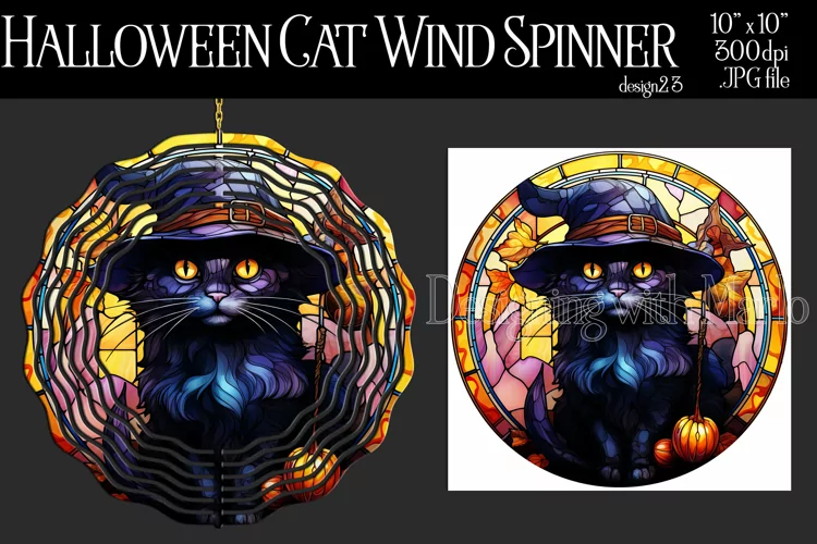 Halloween Wind Spinner, Stained Glass Halloween Black Cat 23