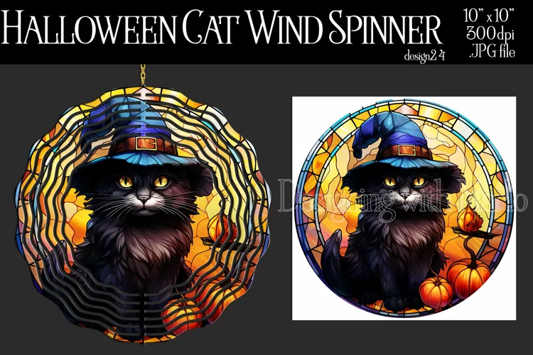 Halloween Wind Spinner, Stained Glass Halloween Black Cat 24