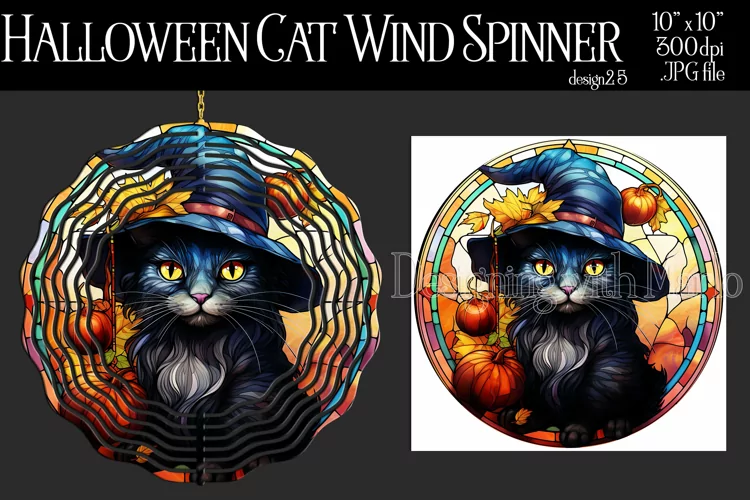 Halloween Wind Spinner, Stained Glass Halloween Black Cat 25