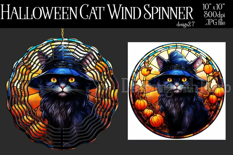 Halloween Wind Spinner, Stained Glass Halloween Black Cat 27