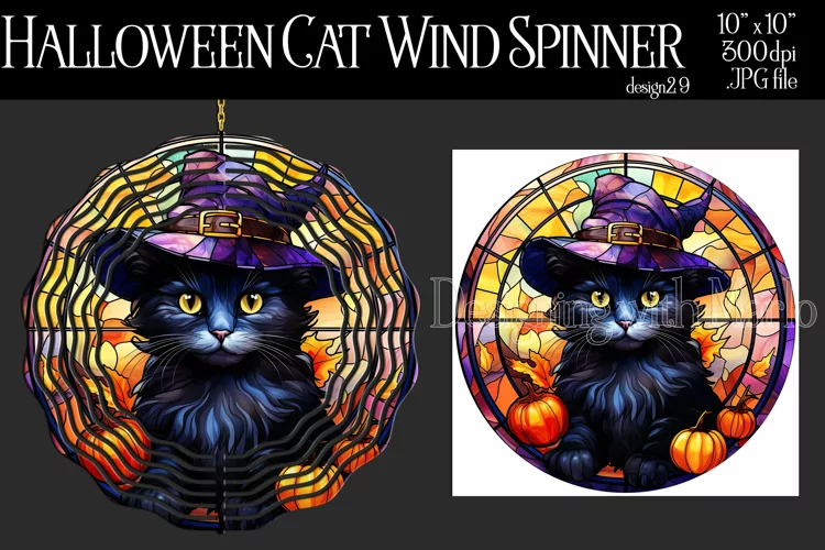 Halloween Wind Spinner, Stained Glass Halloween Black Cat 29