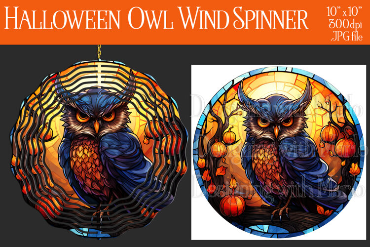 Halloween Owl Wind Spinner, Autumn Owl Wind Spinner, w15 example image 1