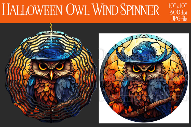 Halloween Owl Wind Spinner, Autumn Owl Wind Spinner, w20 example image 1
